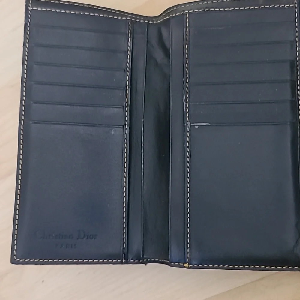 Christian Dior CD Saddle Navy Blue GHW Logo Trifold Flap Long Wallet Authentic